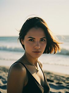Portrait of Young Woman on Beach with Ocean Background