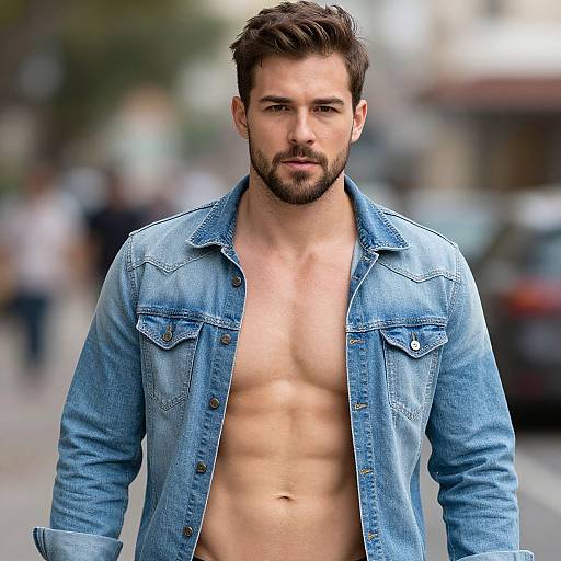 Confident Young Man in Open Denim Jacket Showing Toned Abs Outdoors