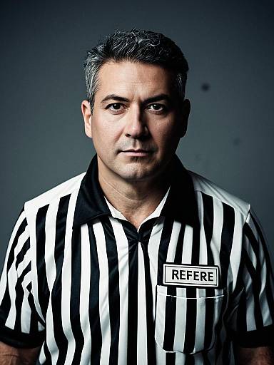Close-up Headshot of Man in Referee Costume with Whistle