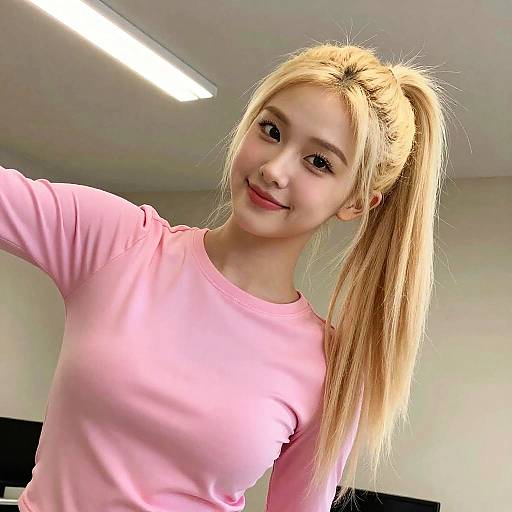 Smiling Woman in Pink Shirt with Blonde Ponytail Indoors