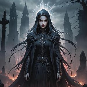 Mysterious Woman in Dark Cloak in Gothic Landscape
