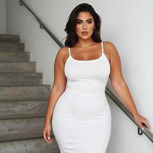 Elegant Woman in White Fitted Dress by Staircase