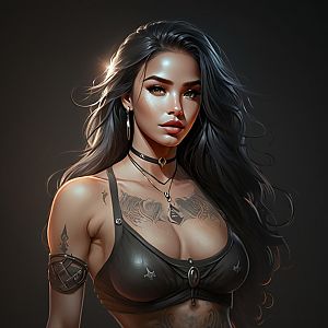 Digital Portrait of Tattooed Woman with Long Dark Hair and Stylish Accessories