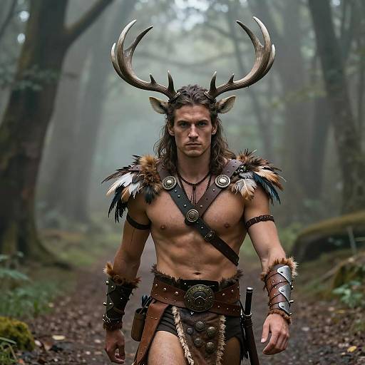 Forest Warrior Man in Tribal Fantasy Costume with Antlers in Misty Woods