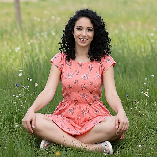 Smiling Woman Sitting in Meadow Wearing Coral Floral Dress