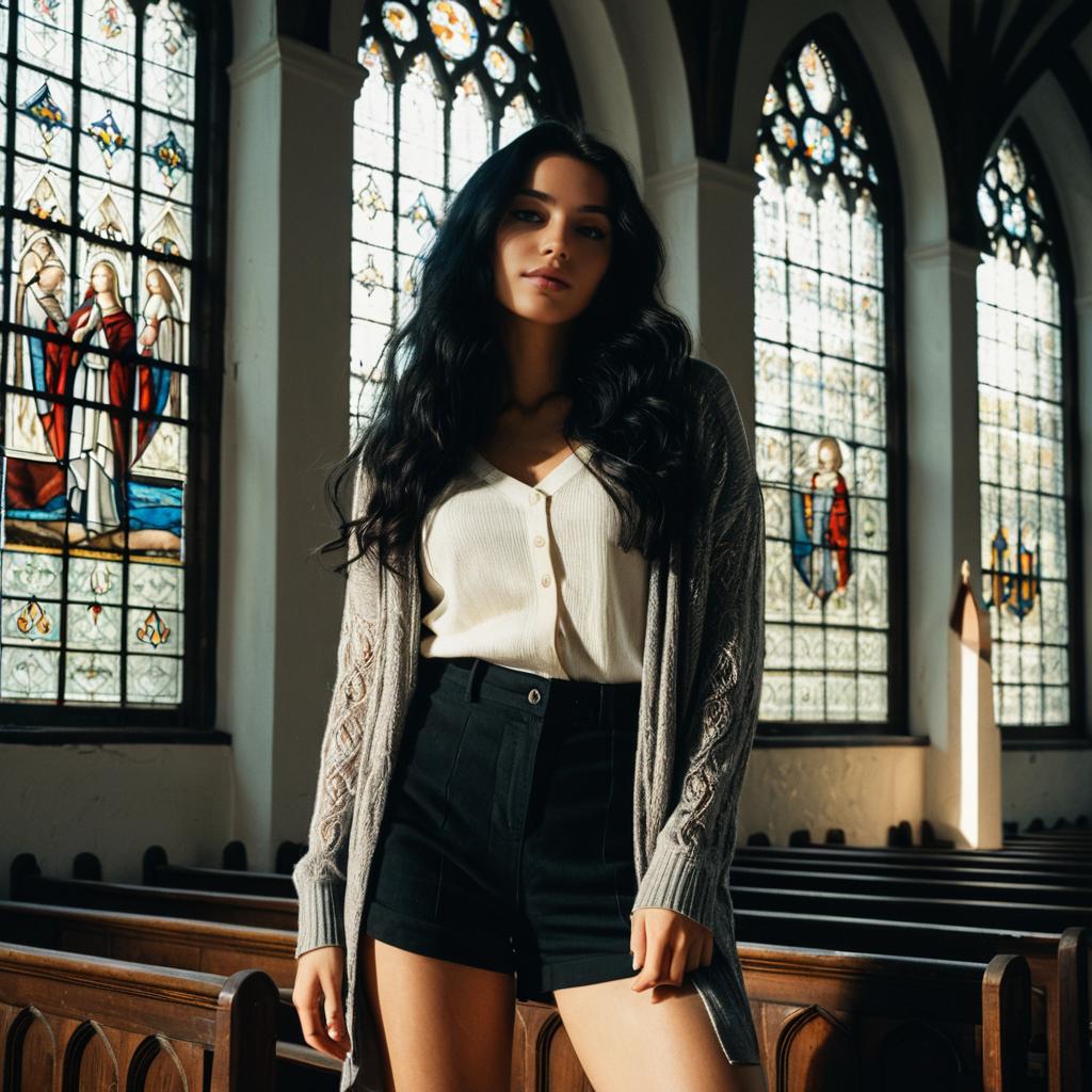 Young Woman in Casual Outfit Standing by Stained Glass Windows Inside Church
