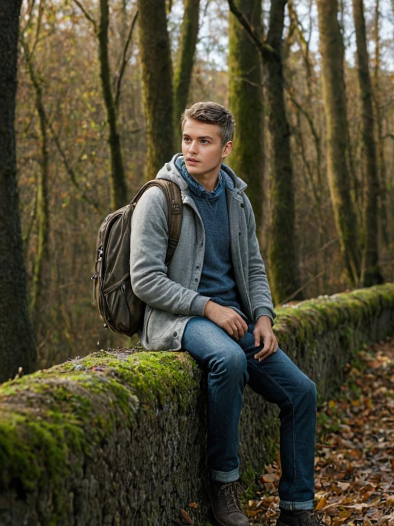 Young man on a moss-covered wall in a serene forest