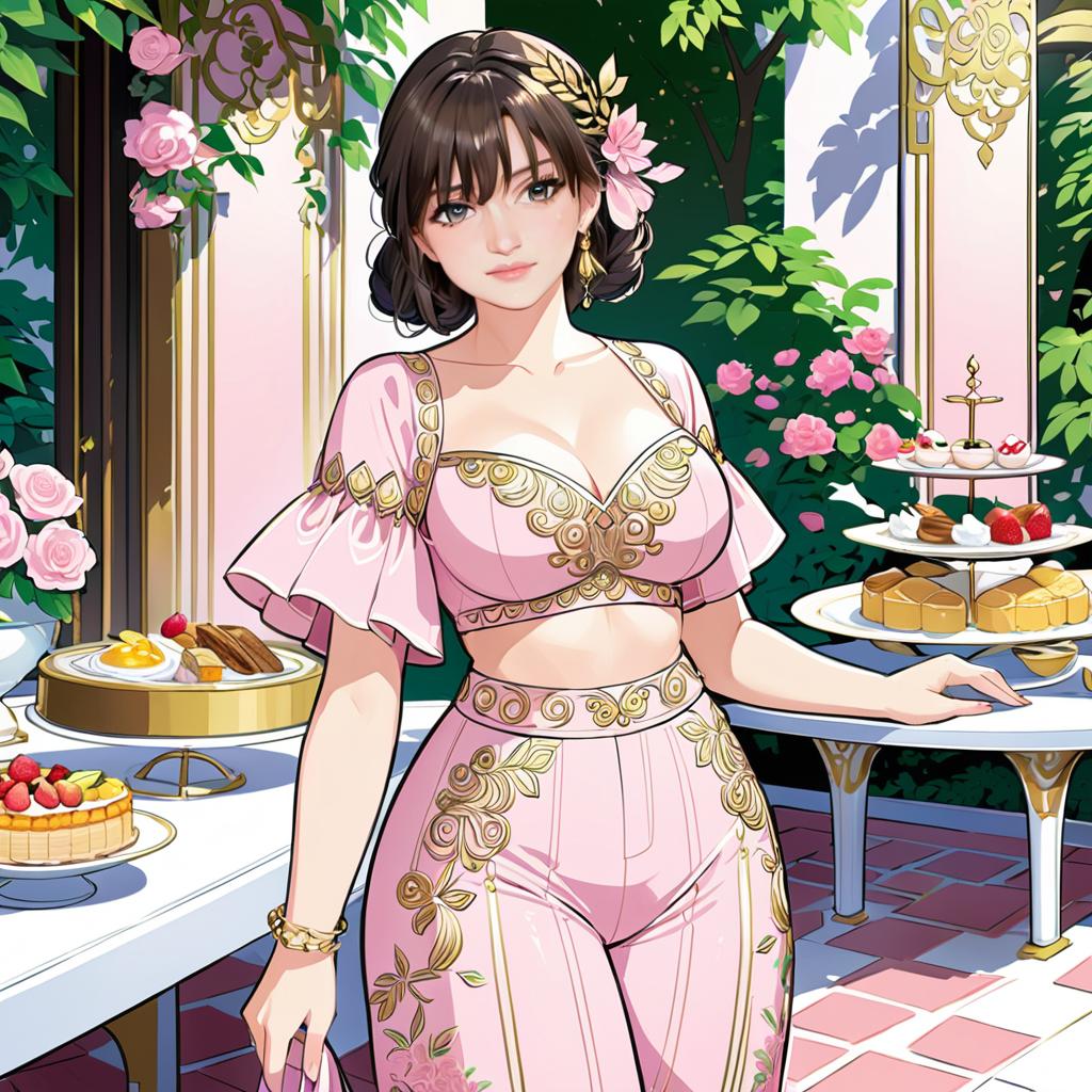 Anime Woman in Floral Outfit in Blooming Garden with Desserts