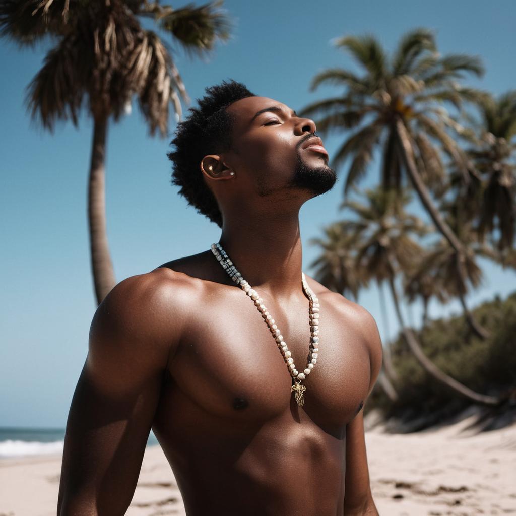 Shirtless Man Relaxing on Tropical Beach with Palm Trees