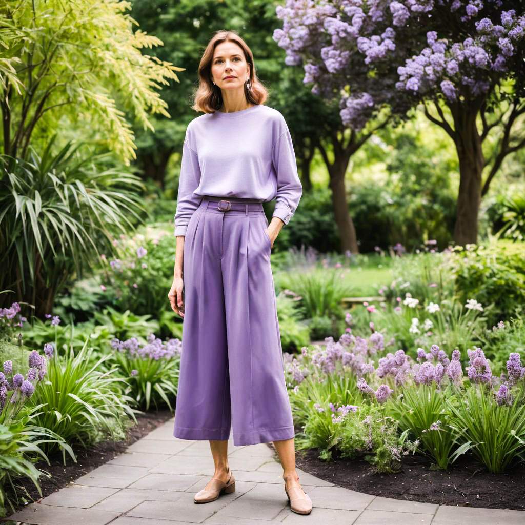 Stylish Woman in Serene Garden with Lavender Outfit