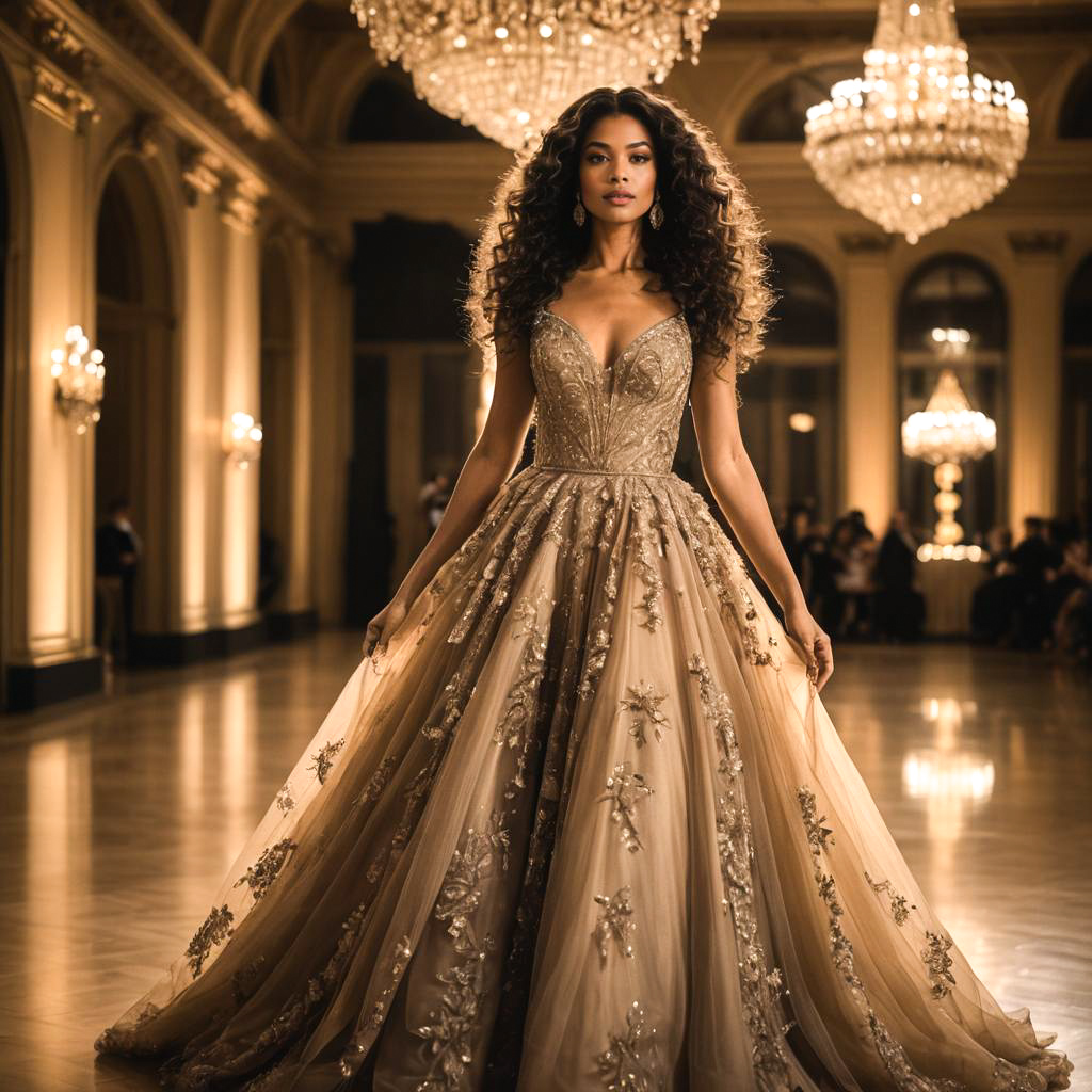 Elegant Woman in Embellished Gown in Opulent Ballroom