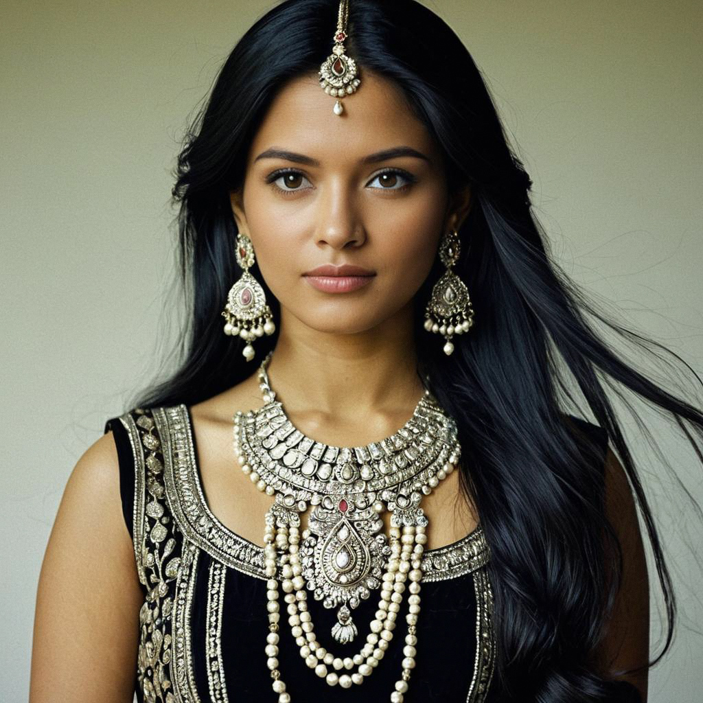 Woman in Traditional Hindu Attire with Exquisite Jewelry