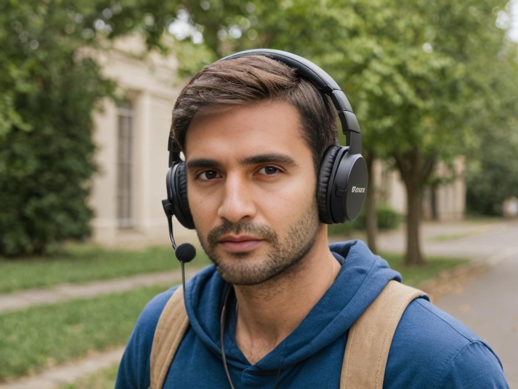 Man Enjoying Music Outdoors with Artistic Headphones