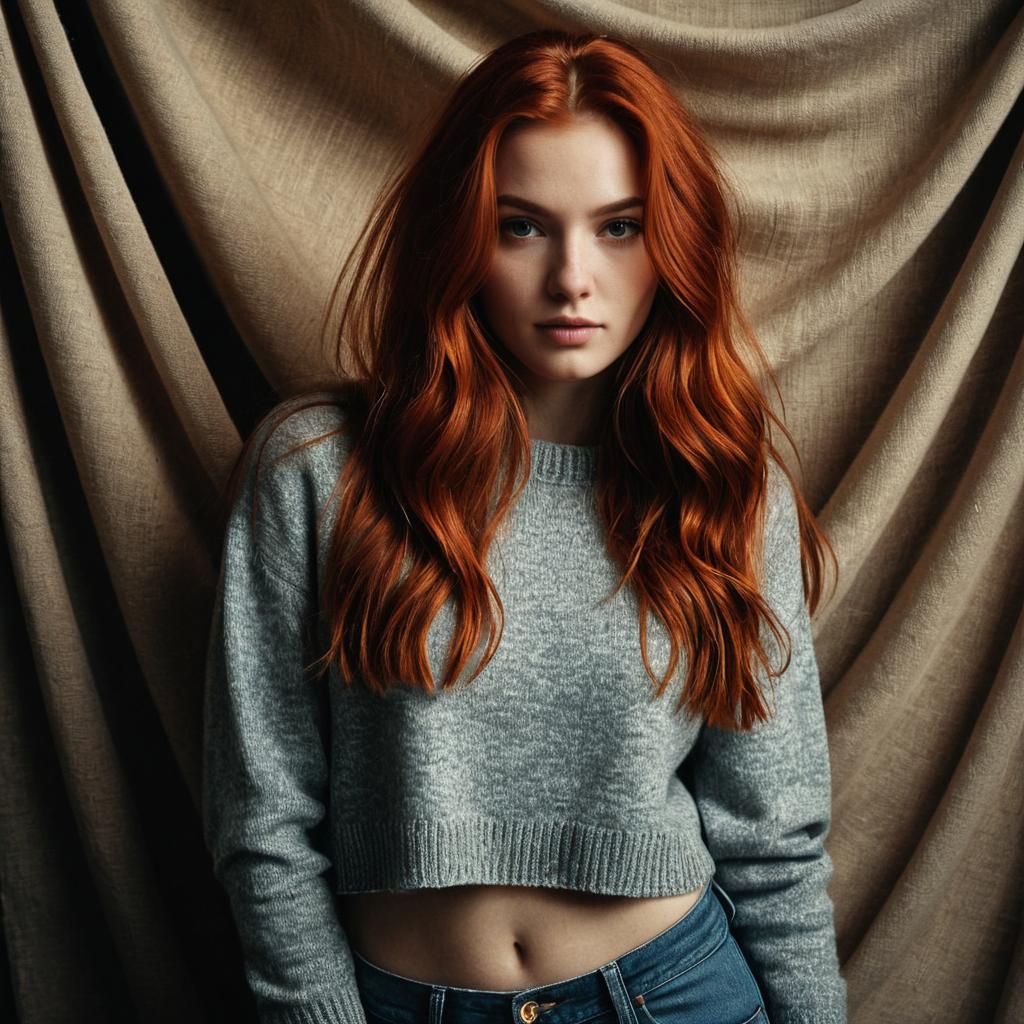 Confident Young Woman with Red Hair in Gray Sweater