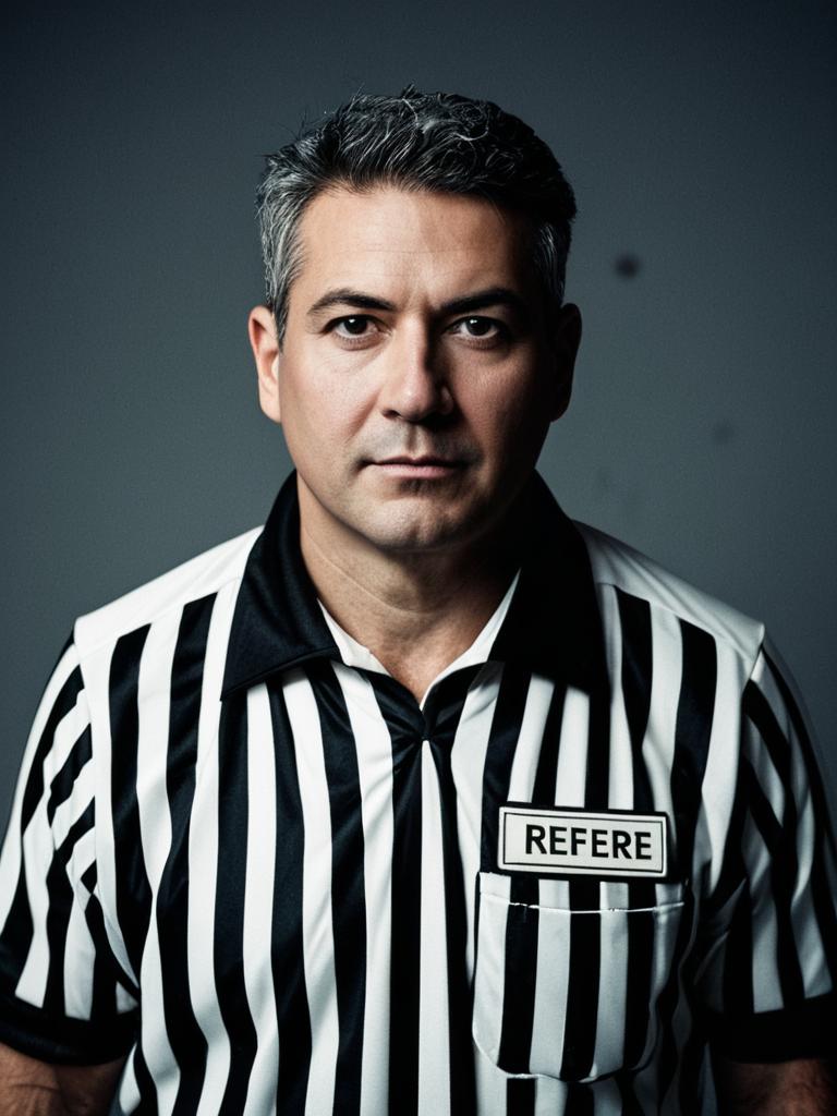Close-up Headshot of Man in Referee Costume with Whistle