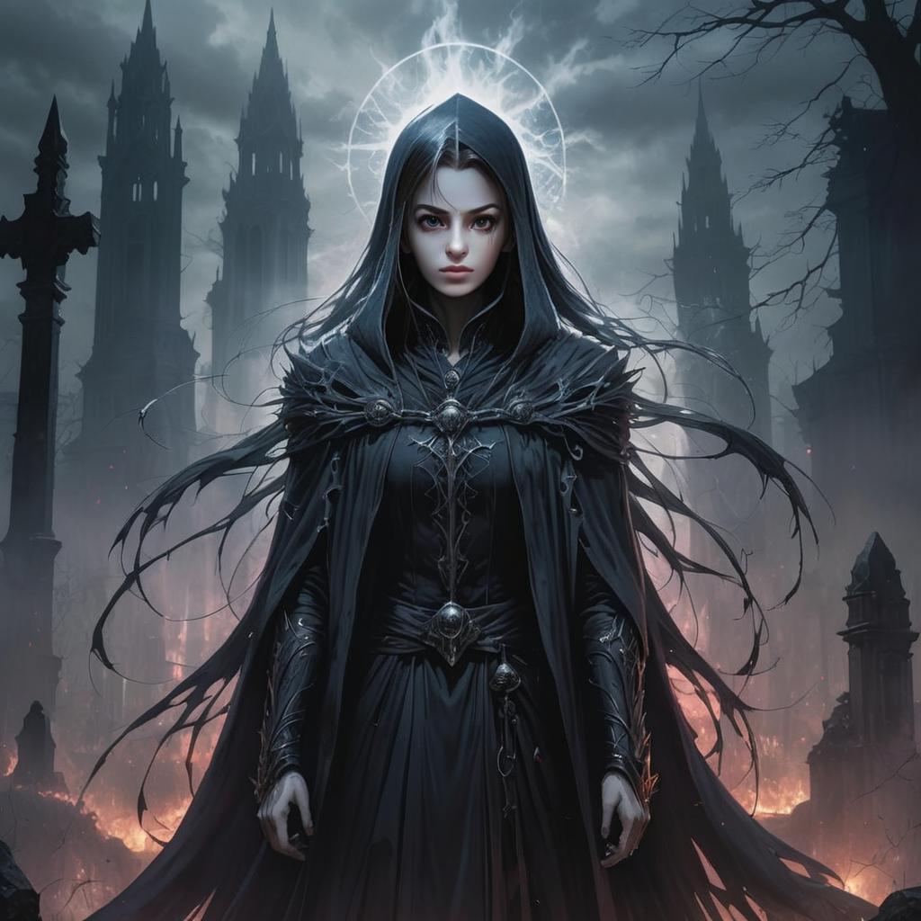 Mysterious Woman in Dark Cloak in Gothic Landscape Mysterious Woman in Dark Cloak in Gothic Landscape