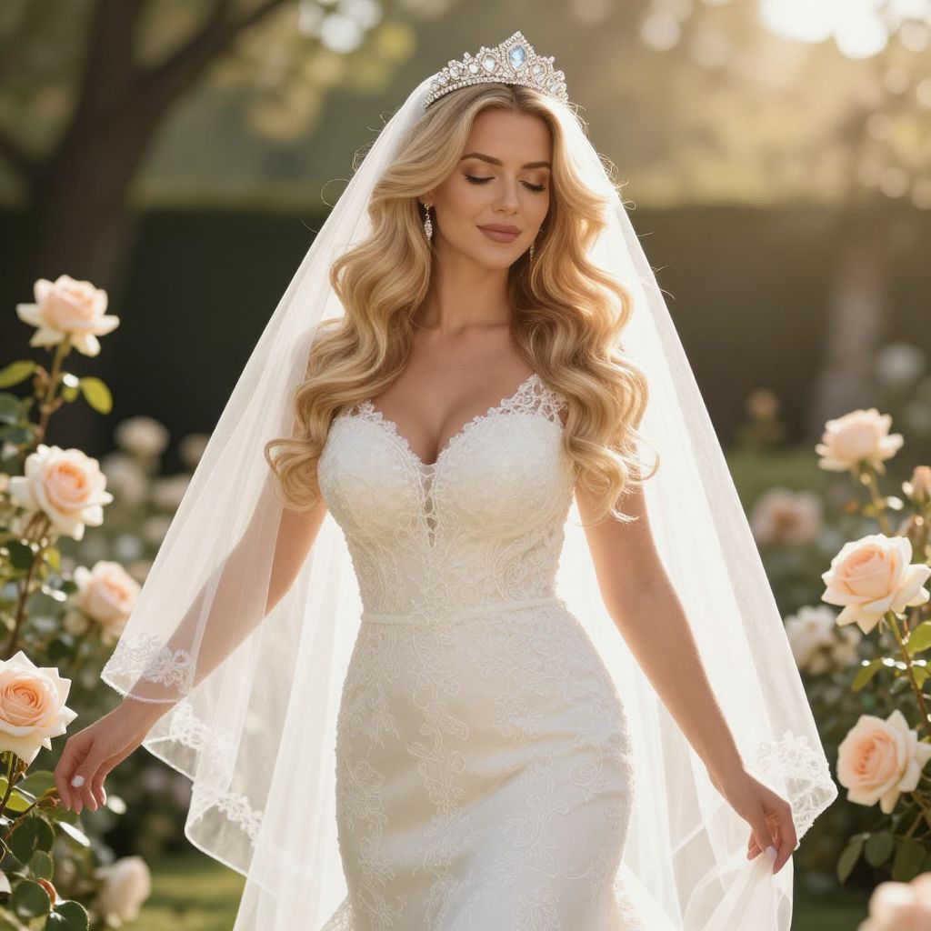 Elegant Blonde Bride in Lace Wedding Dress and Tiara in Garden