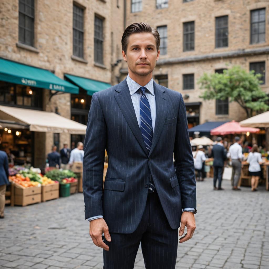 Confident Man in Navy Blue Suit at Outdoor Market