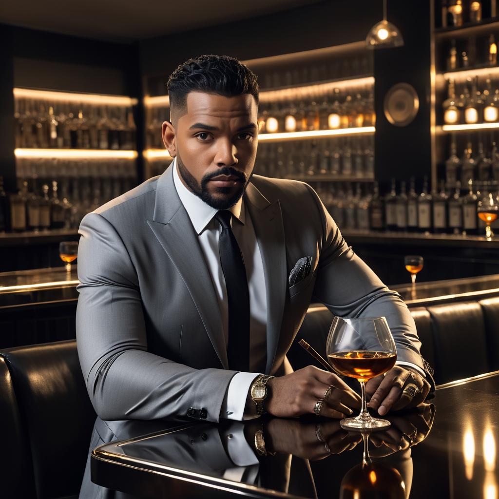 Stylish Man in Gray Suit at Bar