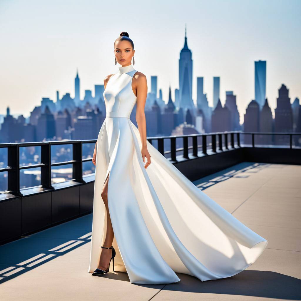 Model in Elegant White Gown on NYC Rooftop