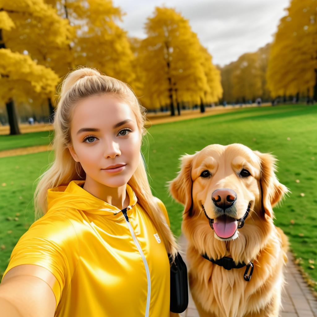 Cheerful Woman in Yellow Outfit with Golden Retriever in Autumn Park