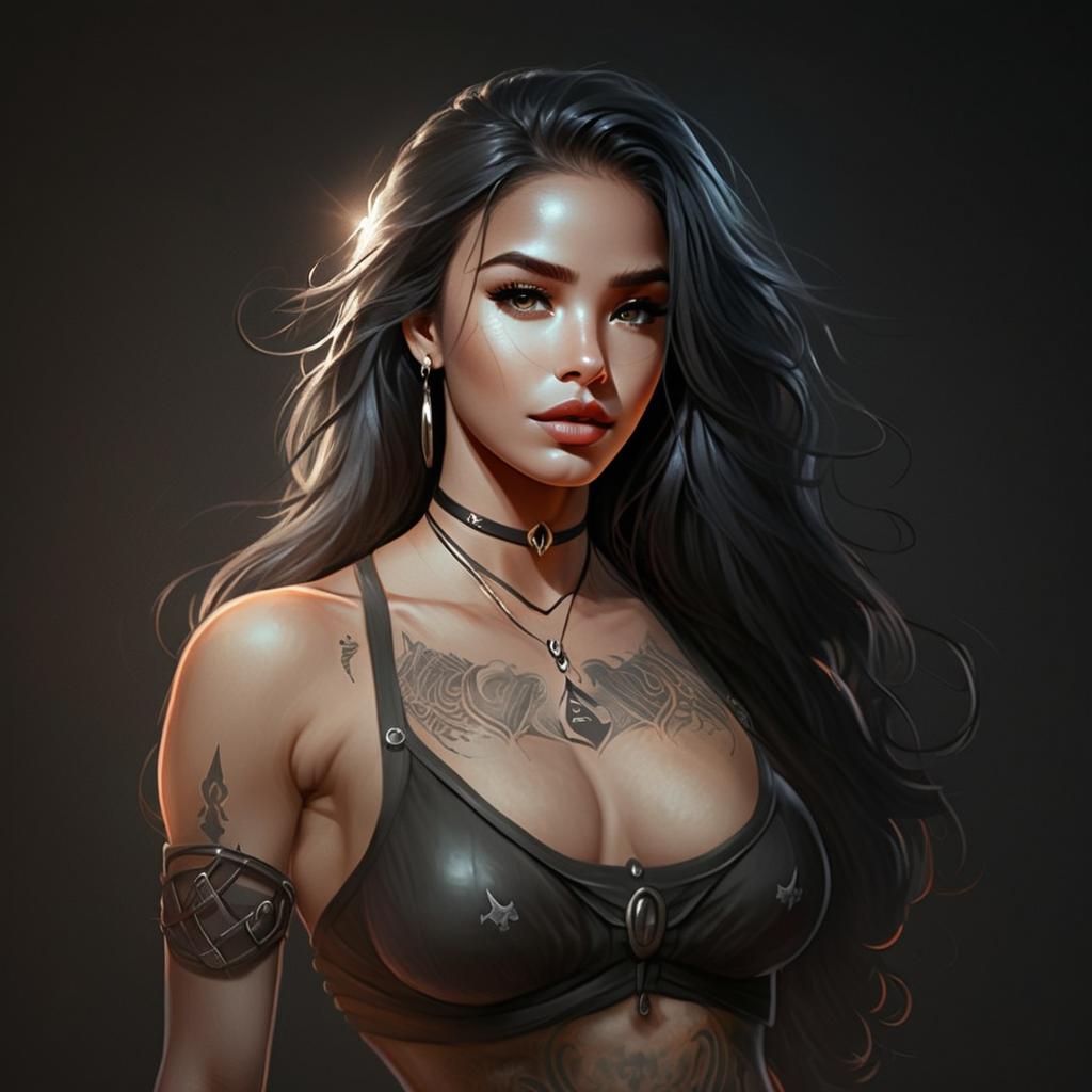 Digital Portrait of Tattooed Woman with Long Dark Hair and Stylish Accessories