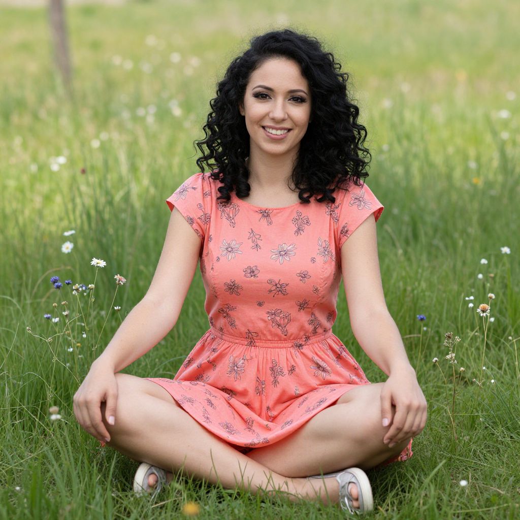 Smiling Woman Sitting in Meadow Wearing Coral Floral Dress