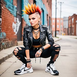 Confident Young Woman with Mohawk in Urban Punk Style