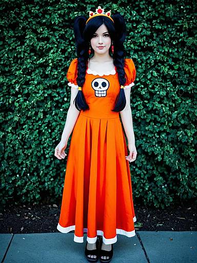 Woman in Orange Princess Dress with Skull Emblem and Crown Cosplay