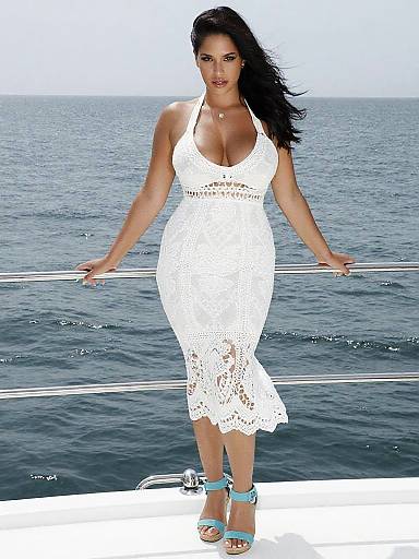 Curvy Woman in Chic White Crochet Lace Halter Midi Dress on Boat