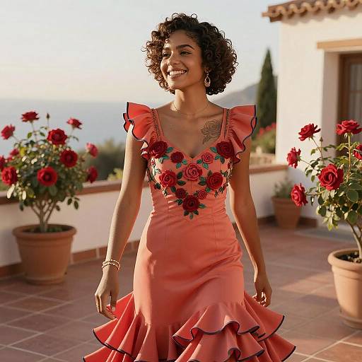Woman Wearing Coral Dress with Rose Embroidery Outdoors on Sunny Terrace