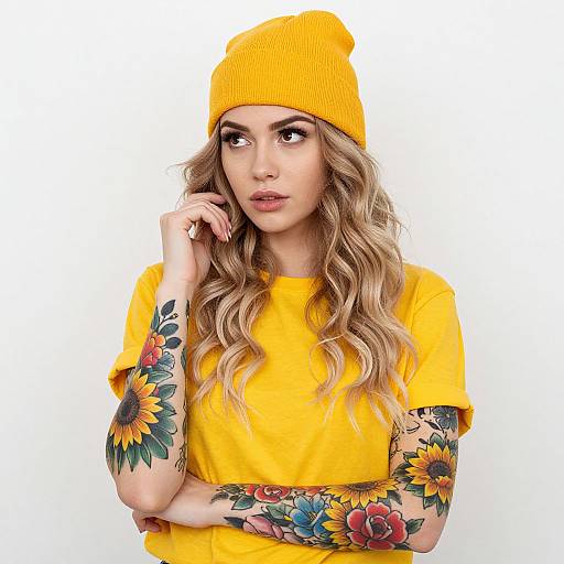 Young Woman with Yellow Beanie and Colorful Floral Tattoos