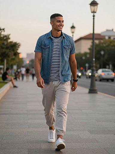 Young Man Walking on Urban Street Wearing Denim and Stripes Casual Outfit