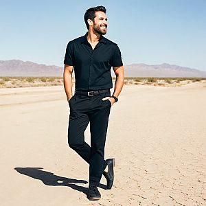 Confident man in black outfit in desert