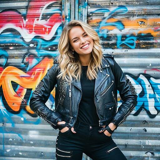 Confident Woman in Studded Black Leather Jacket Against Urban Graffiti Wall