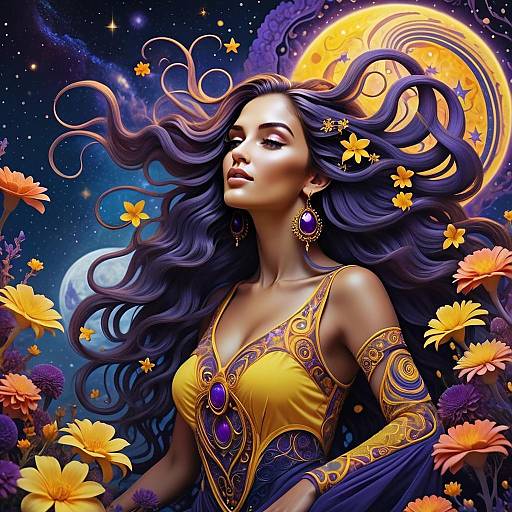 Fantasy Woman with Flowing Purple Hair and Celestial Background