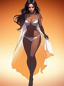 Stylized Digital Illustration of Woman in White Bikini with Sheer Cape