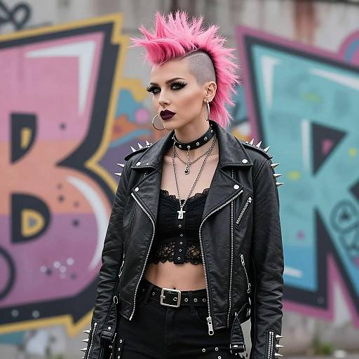 Punk Rock Woman with Pink Mohawk and Leather Jacket in Urban Graffiti Setting