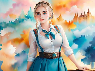 Anime Illustration of Blonde Woman in Blue Suspender Skirt with Fantasy Castle Background