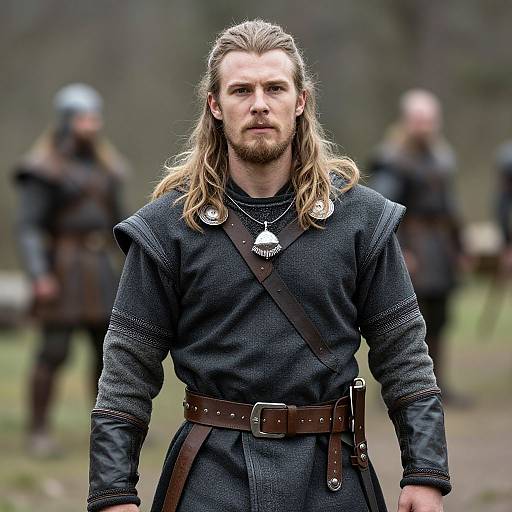 Viking Warrior in Traditional Armor Standing Outdoors