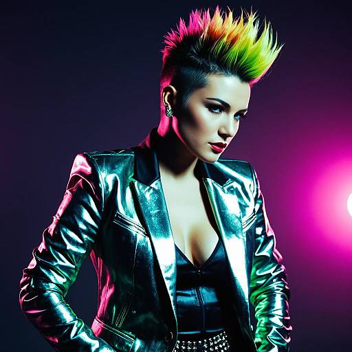 Woman with Rainbow Mohawk and Metallic Jacket in Futuristic Neon Lighting