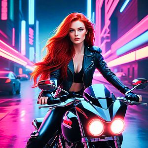 Confident Woman on Black Motorcycle in Neon City