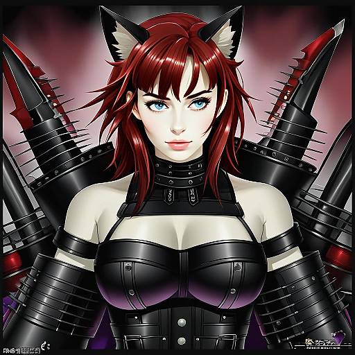 Red-Haired Anime Woman with Cat Ears and Armored Leather Outfit