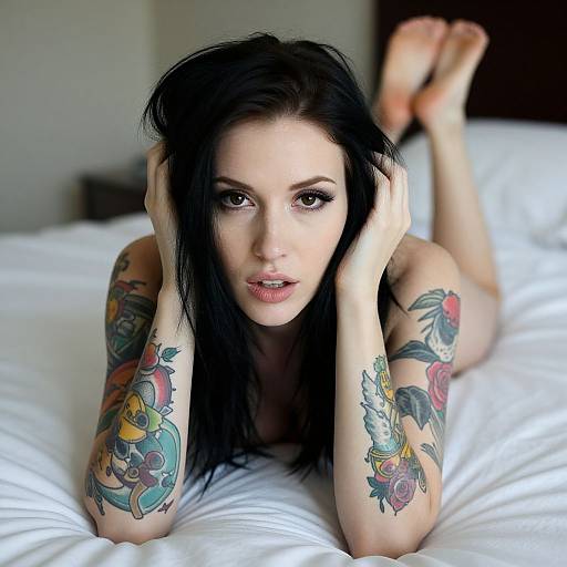 Tattooed Woman Lying on Bed with Intense Gaze