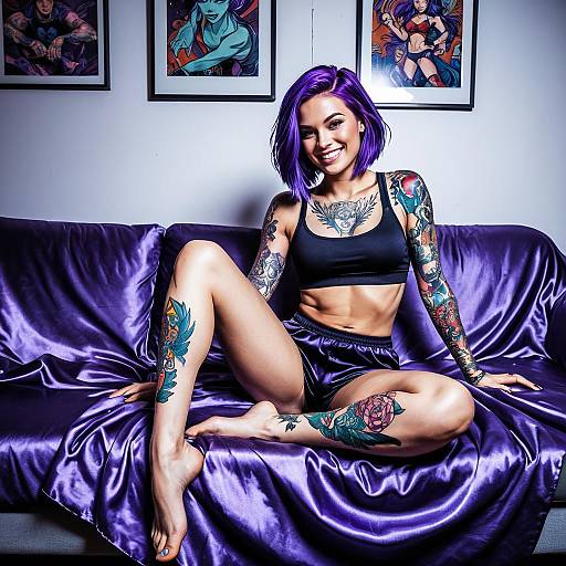 Tattooed Woman with Purple Hair Relaxing on Purple Satin Couch