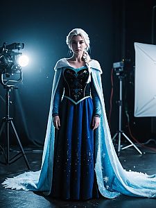 Woman in Elegant Blue Gown with Cape