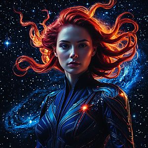 Futuristic Woman with Fiery Hair in Cosmic Space Armor
