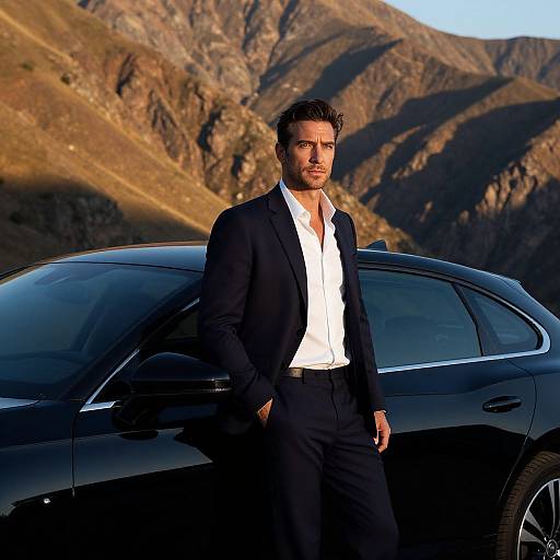 Man in Navy Suit Standing by Luxury Car with Mountain Background