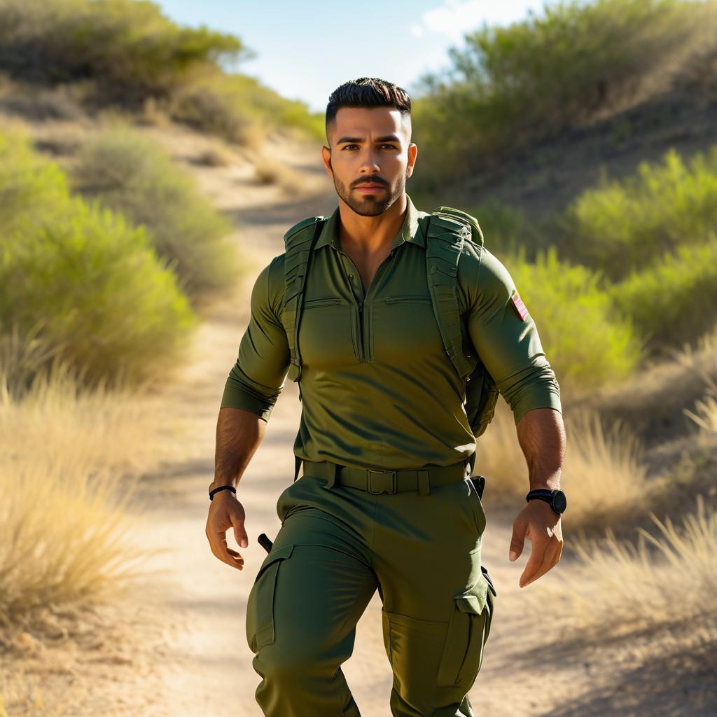 Confident Man in Tactical Outfit in Desert Landscape