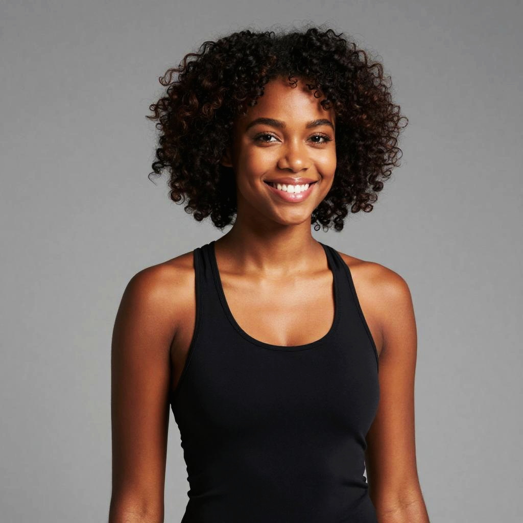 Portrait of Smiling Gen Z Woman with Natural Curly Hair in Black Tank Top